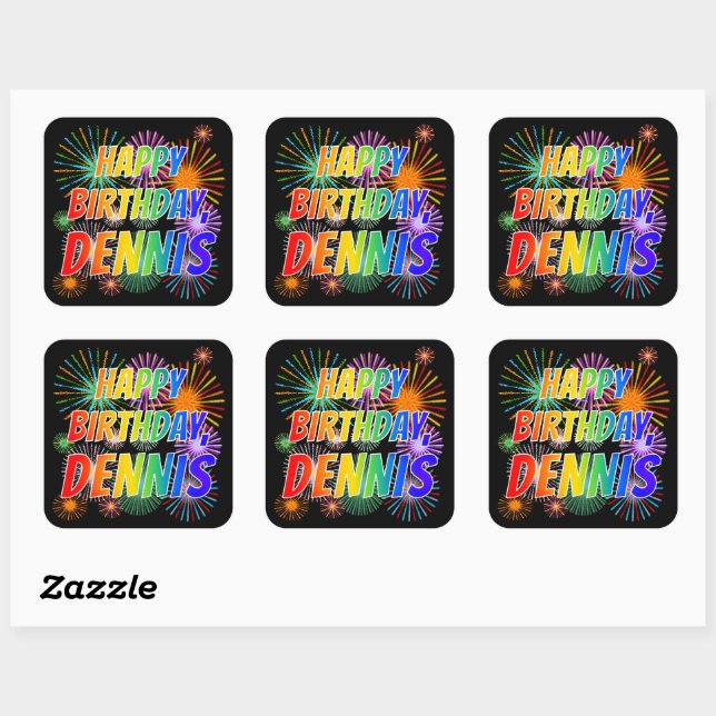 Adesivo Quadrado Nome "DENNIS", Diversão "FELIZ ANIVERSÁRIO" (Folha)