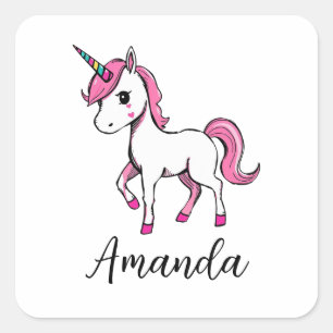 Adesivo Quadrado Nome do desenho do Unicórnio Cor-de-rosa-branca
