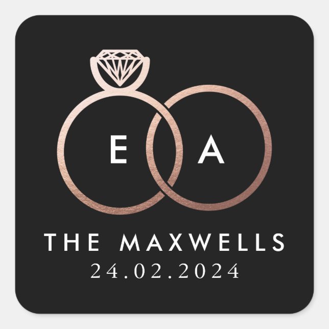 Adesivo Quadrado Nome do Monograma do Anel de Casamento Dourado ros (Frente)