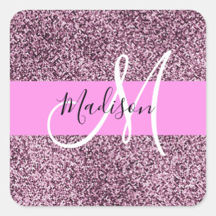 Adesivo Quadrado Nome do Monograma do Glam Pink & Violet Glitter Sp
