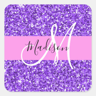 Adesivo Quadrado Nome do Monograma do Minigrama Glitter Purple e Ro