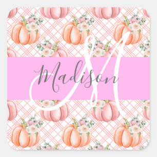 Adesivo Quadrado Nome do Monograma do Pumpkin Rosa Rosa Rosa Cinzen