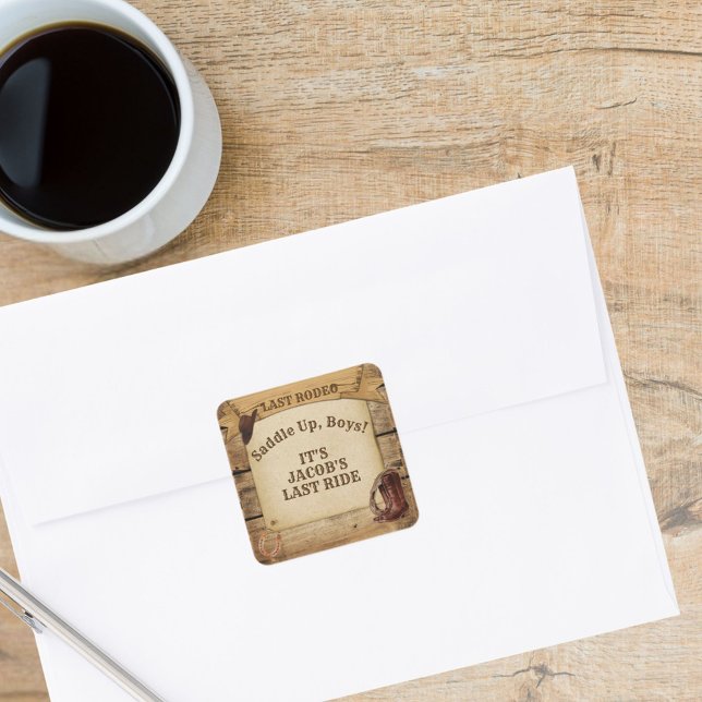 Adesivo Quadrado Nome do Noivo Último Rodeio Cowboys Se Aprontem Ra (Groom's Name Last Rodeo Cowboys Saddle Up Boys Square Sticker)