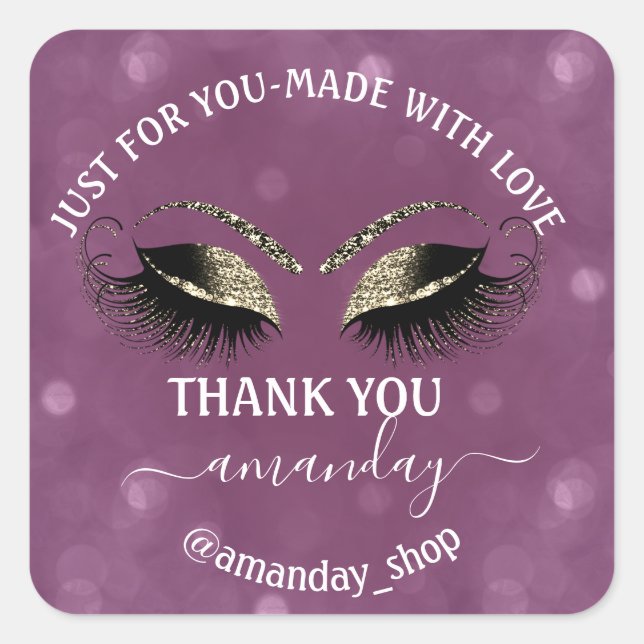 Adesivo Quadrado Nome do obrigado Folhas Boutique Compram Roxo Dour (Frente)