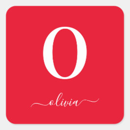 Adesivo Quadrado Nome do Script Monograma Personalizado Vermelho e