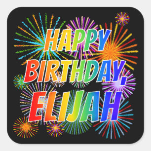 Adesivo Quadrado Nome "ELIJAH", Diversão "FELIZ ANIVERSÁRIO"