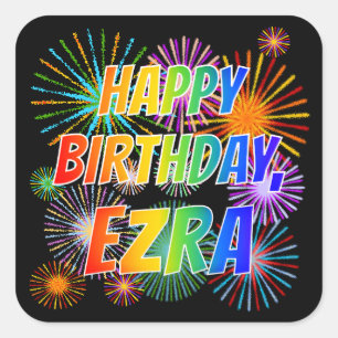 Adesivo Quadrado Nome "EZRA", Diversão "FELIZ ANIVERSÁRIO"