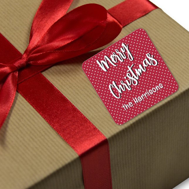 Adesivo Quadrado Nome, Feliz Natal, Bolinhas Vermelhas e Brancas (Criador carregado)