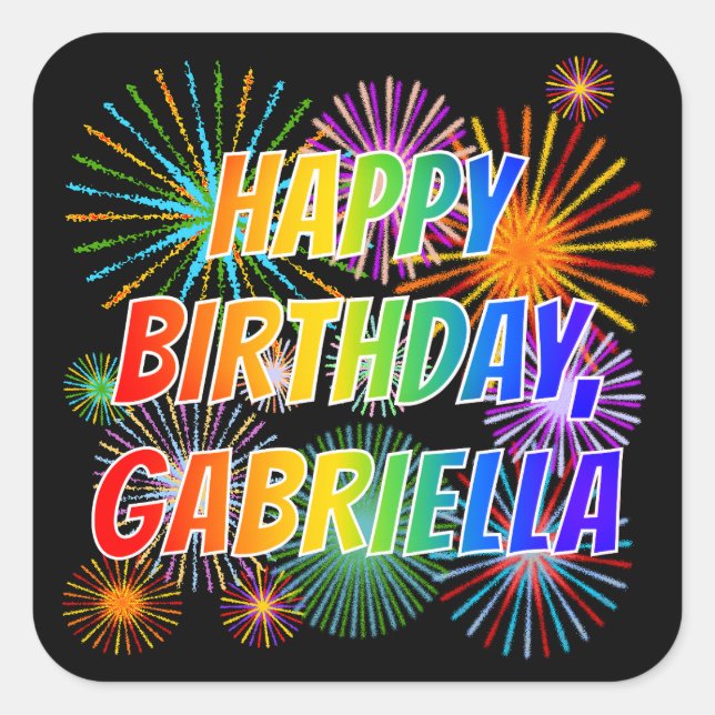 Adesivo Quadrado Nome "GABRIELLA", Diversão "FELIZ ANIVERSÁRIO" (Frente)