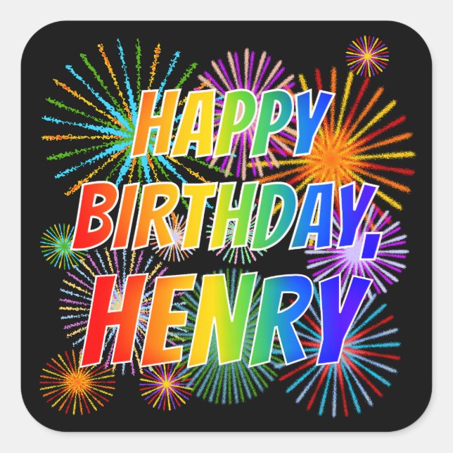 Adesivo Quadrado Nome "HENRY", Diversão "FELIZ ANIVERSÁRIO" (Frente)