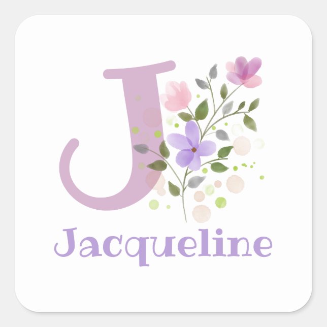Adesivo Quadrado Nome inicial J Plus Jacqueline & Flowers Design (Frente)