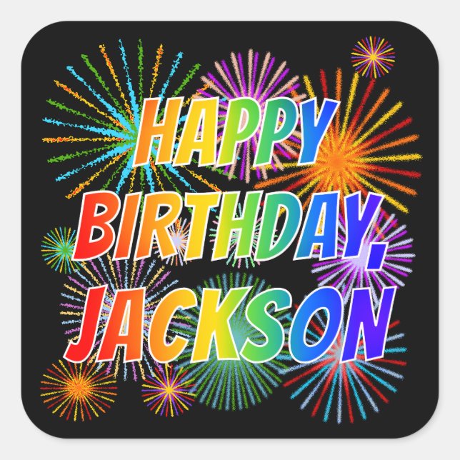 Adesivo Quadrado Nome "JACKSON", Diversão "FELIZ ANIVERSÁRIO" (Frente)