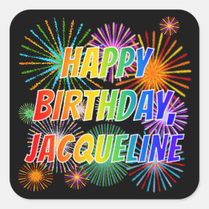 Adesivo Quadrado Nome "JACQUELINE", Diversão "FELIZ ANIVERSÁRIO"