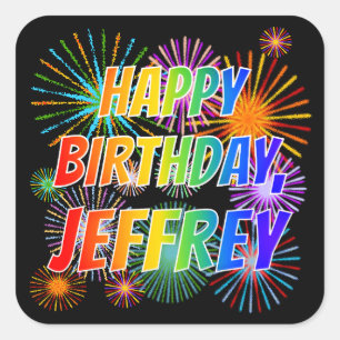 Adesivo Quadrado Nome "JEFFREY", Diversão "FELIZ ANIVERSÁRIO"