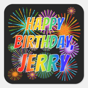 Adesivo Quadrado Nome "JERRY", Diversão "FELIZ ANIVERSÁRIO"
