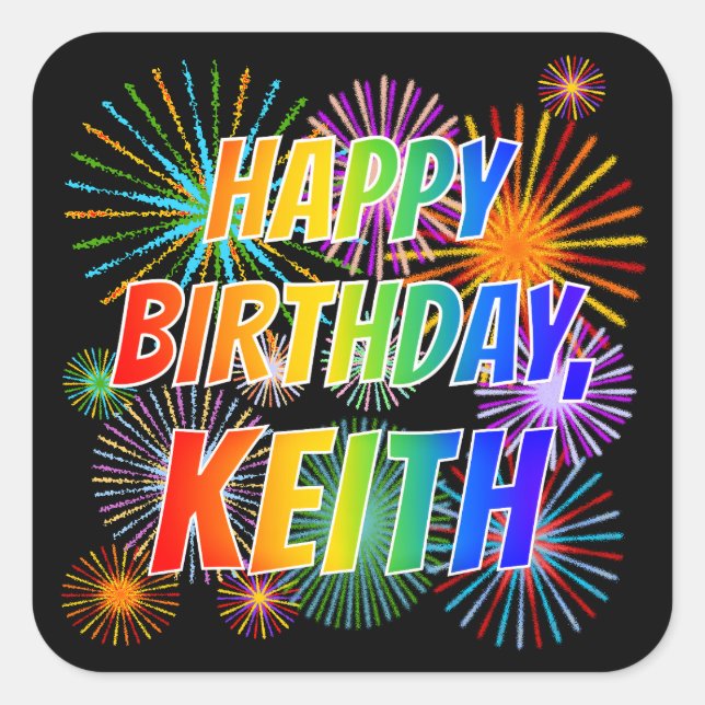 Adesivo Quadrado Nome "KEITH", Diversão "FELIZ ANIVERSÁRIO" (Frente)