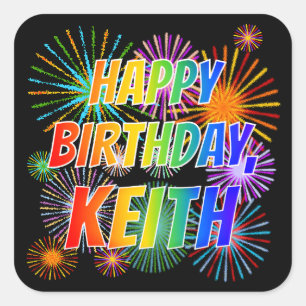 Adesivo Quadrado Nome "KEITH", Diversão "FELIZ ANIVERSÁRIO"