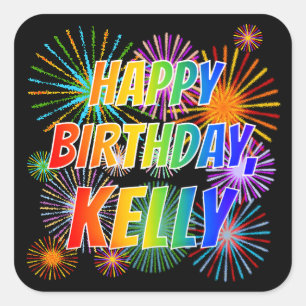 Adesivo Quadrado Nome "KELLY", Diversão "FELIZ ANIVERSÁRIO"