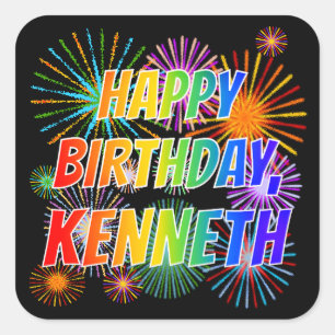 Adesivo Quadrado Nome "KENNETH", Diversão "FELIZ ANIVERSÁRIO"