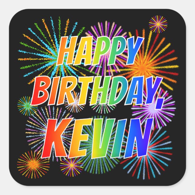 Adesivo Quadrado Nome "KEVIN", Diversão "FELIZ ANIVERSÁRIO" (Frente)