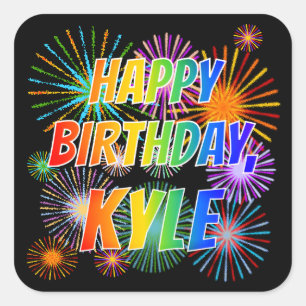 Adesivo Quadrado Nome "KYLE", Diversão "FELIZ ANIVERSÁRIO"