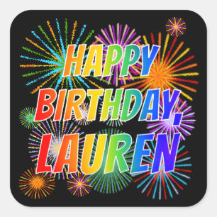 Adesivo Quadrado Nome "LAUREN", Diversão "FELIZ ANIVERSÁRIO"