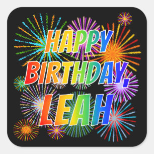 Adesivo Quadrado Nome "LEAH", Diversão "FELIZ ANIVERSÁRIO"