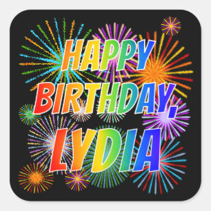 Adesivo Quadrado Nome "LYDIA", Diversão "FELIZ ANIVERSÁRIO"