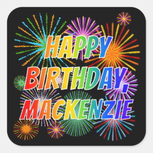 Adesivo Quadrado Nome "MACKENZIE", Diversão "FELIZ ANIVERSÁRIO"