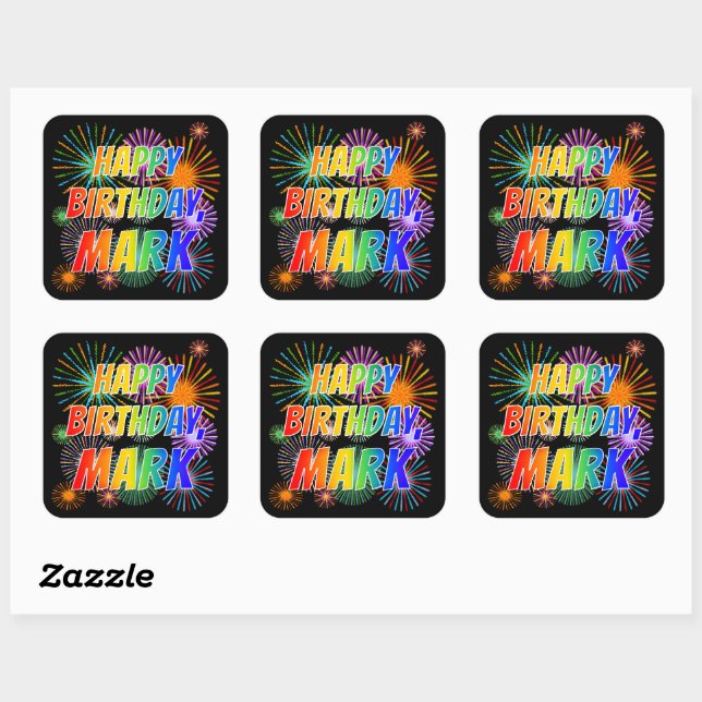 Adesivo Quadrado Nome "MARK", Diversão "FELIZ ANIVERSÁRIO" (Folha)