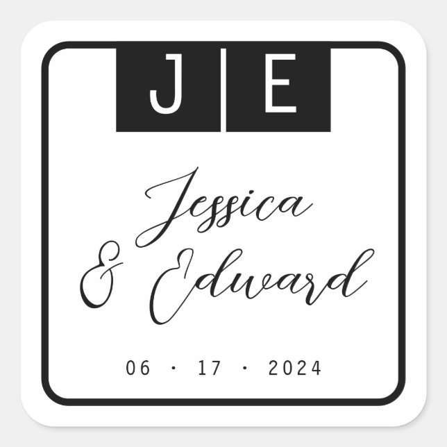 Adesivo Quadrado Nome Moderno do Casal de Script Elegante Preto do  (Frente)