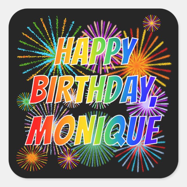 Adesivo Quadrado Nome "MONIQUE", Diversão "FELIZ ANIVERSÁRIO" (Frente)