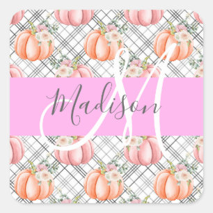 Adesivo Quadrado Nome Monograma Floral Rosa Cinza Abóbora Pêssego F