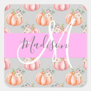 Adesivo Quadrado Nome Monograma Floral Rosa Cinza Pêssego Abóbora F