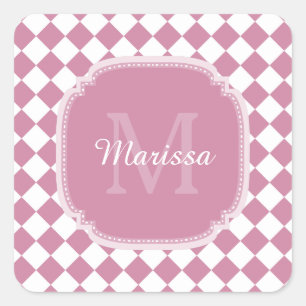 Adesivo Quadrado Nome Monogrammed cor-de-rosa e branco verificado