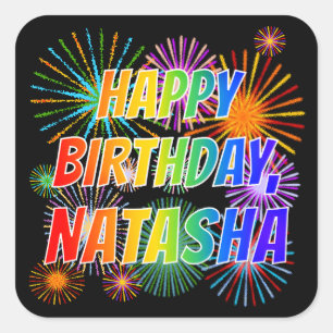 Adesivo Quadrado Nome "NATASHA", Diversão "FELIZ ANIVERSÁRIO"