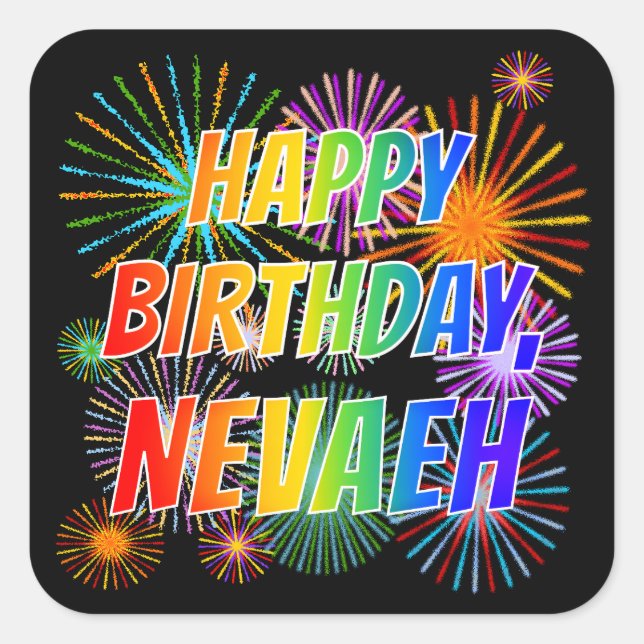 Adesivo Quadrado Nome "NEVAEH", Diversão "FELIZ ANIVERSÁRIO" (Frente)