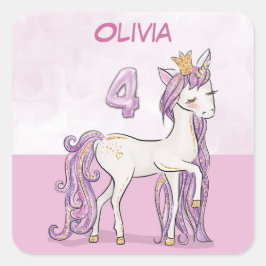 Adesivo Quadrado Nome Personalizado 4.º Cavalo Rosa de Aniversário 
