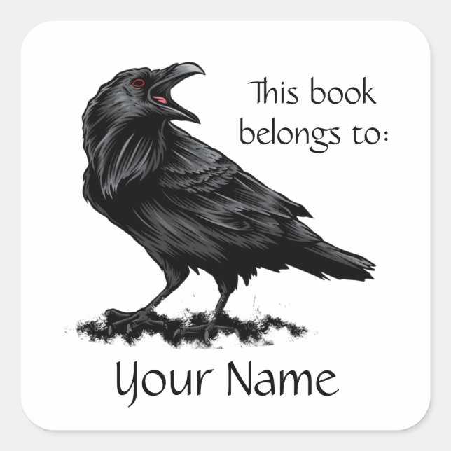 Adesivo Quadrado Nome personalizado Aquarela Raven Bird Nature Art (Frente)