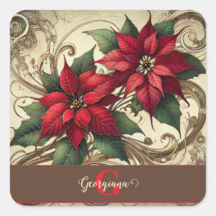 Adesivo Quadrado Nome Personalizado Art Nouveau Poinsettia de Natal
