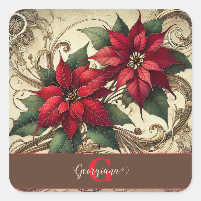 Adesivo Quadrado Nome Personalizado Art Nouveau Poinsettia de Natal (Frente)