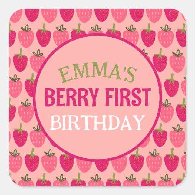 Adesivo Quadrado Nome Personalizado Berry First Birthday (Frente)
