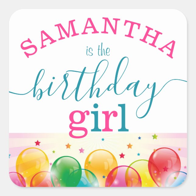 Adesivo Quadrado Nome Personalizado Birthday Rapariga Festiva Rosa/ (Frente)