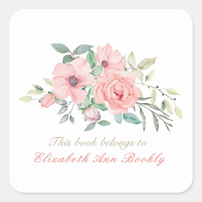 Adesivo Quadrado Nome Personalizado Blush Watercolor Floral Bookpla (Frente)