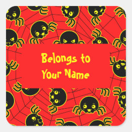 Adesivo Quadrado Nome Personalizado Bookplate Aranhas Engraçadas Ha