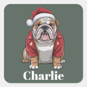 Adesivo Quadrado Nome Personalizado Cachorro Bulldog Inglês Natal 