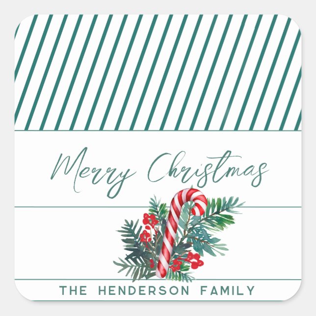 Adesivo Quadrado Nome personalizado | Candy Cane & Greenery Natal (Frente)