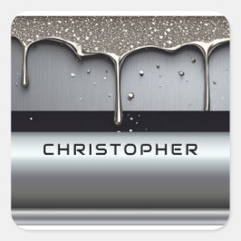 Adesivo Quadrado Nome Personalizado Com Metal Líquido Gotejando