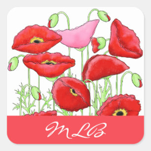 Adesivo Quadrado Nome Personalizado de Arte de Poppies Rosa Vermelh