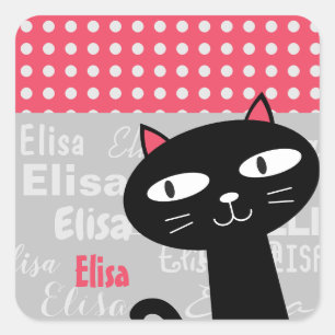Adesivo Quadrado Nome personalizado de bolinhas cor-de-rosa de gato